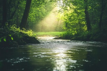 A peaceful scene of a stream flowing through a dense and vibrant forest