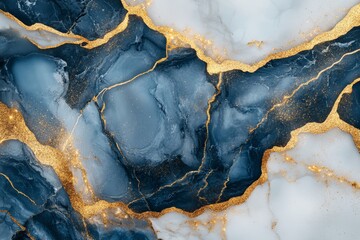Blue abstract marble background with gold streaks. Watercolor wallpaper with white streaks. The texture of the stone.