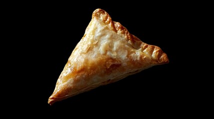 Golden Flaky Pastry Triangle Isolated on Black Background, Deliciously Baked Puff Pastry Treat Freshly Made with Crispy Crust and Soft Inside