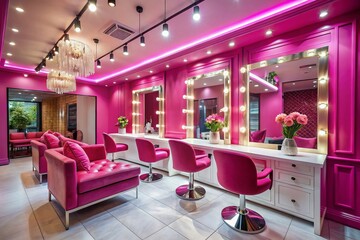 Modern Pink Stylish Hair Salon Interior with Chic Decor and Elegant Furniture, Featuring a Cozy Atmosphere and Bright Lighting, Ideal for a Trendy Hairdressing Experience