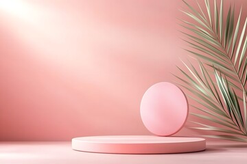 Fototapeta premium Smooth Rounded Podium in Pastel Coral Set Against Soft Background with Tropical Leaf for Stylish and Elegant Display or Product Presentation