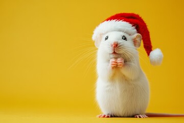A cute mouse and hamster in a red and white Christmas and New Year's hat on a yellow background with a Christmas tree and fir branches. A Christmas card with a cute animal. Copy space