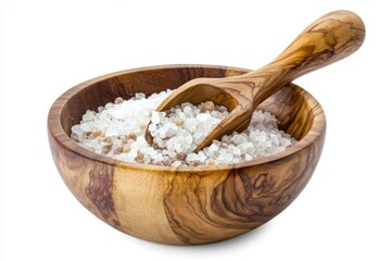 A wooden bowl filled with salt accompanied by a wooden spoon, ready for use