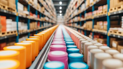 Obraz premium Conveyor Belt Carrying Cans Through Warehouse