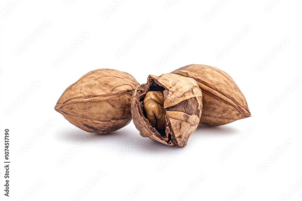 Poster two walnuts split open on a white surface