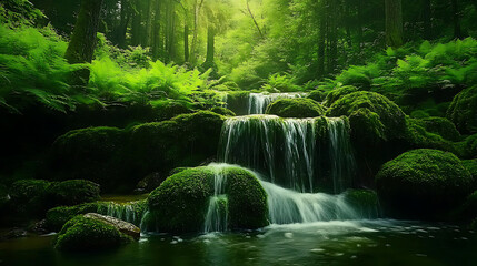 A hidden waterfall cascading down moss-covered rocks in a secluded forest, surrounded by vibrant green foliage 