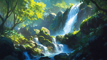 Obraz premium A hidden waterfall cascading down moss-covered rocks in a secluded forest, surrounded by vibrant green foliage 