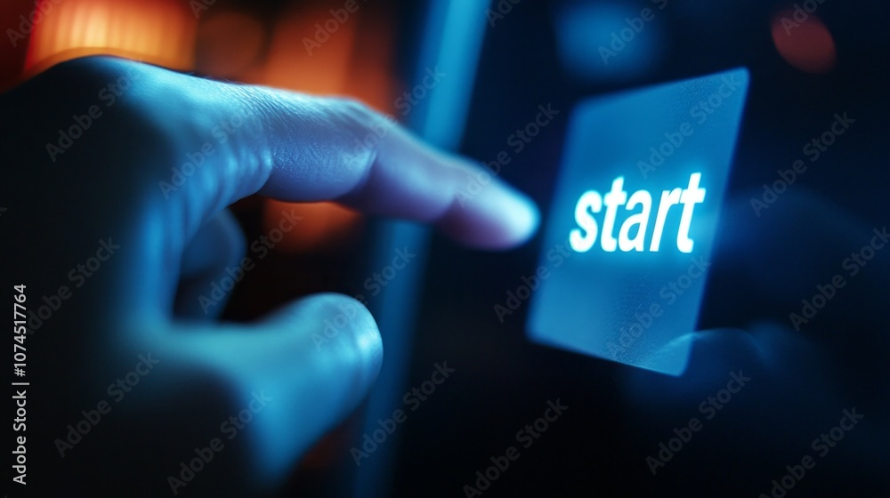 Poster a person is pointing to the start button on a device