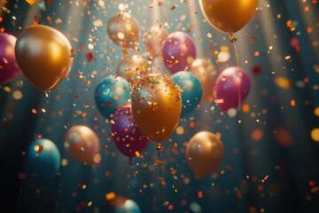 Colorful balloons filled with confetti floating in the air, great for celebrations and parties