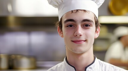 Young male chef in white uniform and hat smiling in a professional kitchen environment full of cooking equipment and accessories, showcasing talent and passion for culinary arts