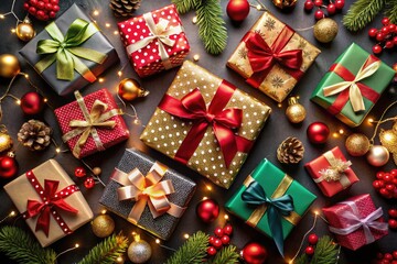 Holiday Gifts and Cards with Festive Decorations on Black Background - Perfect for Seasonal Celebrations, Christmas, New Year, and Gift-Giving Occasions