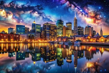 Fototapeta premium Night Photography of a Serene Urban Landscape with Twinkling City Lights and Starry Sky, Capturing the Essence of Nocturnal Beauty in a Bustling Metropolitan Environment