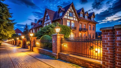 Night Photography of a Tall Red Brick Fence Emphasizing Architectural Beauty Near a Residential Building in Germany Against a Scenic Night Sky