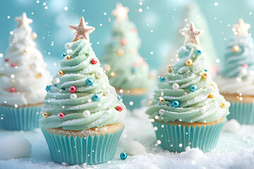 Christmas tree cupcakes with creamy green frosting, decorated with edible pearls, sprinkles, and white sugar for a snowy effect