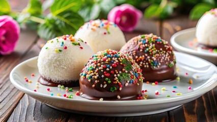 Irresistible Coconut Mochi Ice Cream with Chocolate Coating and Colorful Sprinkles on a White Plate - A Delightful Dessert Experience