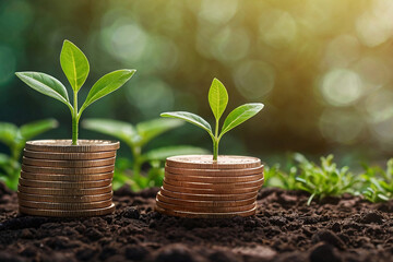 A concept of investment growth like a growing tree from small leaf to big tree. It is a small stack of coin growing to big stack of coin. Concept of rich wealthy and saving money light flare from top.