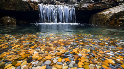 A serene secret waterfall flowing gently into a quiet stream, with colorful pebbles visible beneath the clear water 