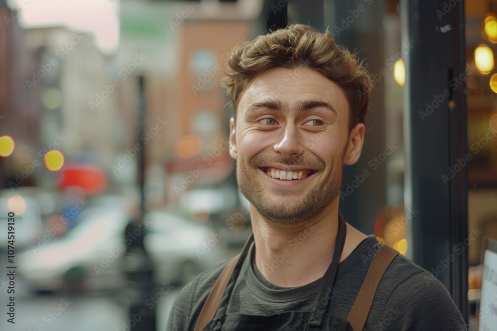 Poster a person enjoying the view outside a store, potential use in lifestyle or travel contexts