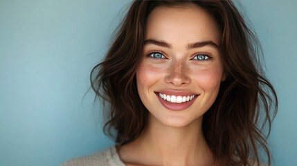 Naklejka premium Smiling woman with freckles and blue eyes. Perfect for representing beauty, happiness, or health.