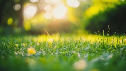 Fototapeta premium Lush Green Grass in Sunlight with Blurry Background Featuring Soft Bokeh Effect of Nature's Beauty in a Tranquil Outdoor Setting During Golden Hour