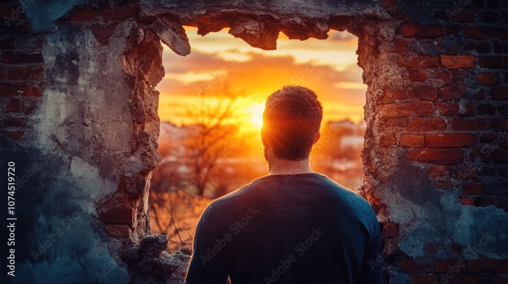 Poster a person looking outside as the sun sets, potential use in architecture or interior design contexts