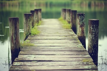 Fototapeta premium A long wooden pier stretching out over a calm body of water