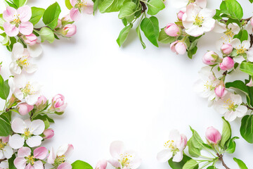 A frame of delicate pink and white blossoms with green leaves on the edges, against a white background, in high-resolution photography.