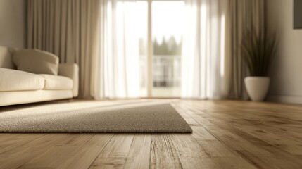 A cozy living room with natural light streaming through large windows and a soft carpet on polished wooden flooring