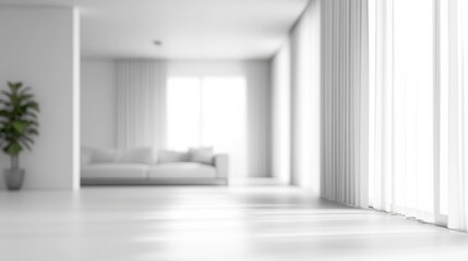 A calm interior space with natural light illuminating a modern living room and a leafy plant in the foreground during the daytime