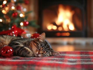 Cozy cat by the fireplace with christmas tree and ornaments.