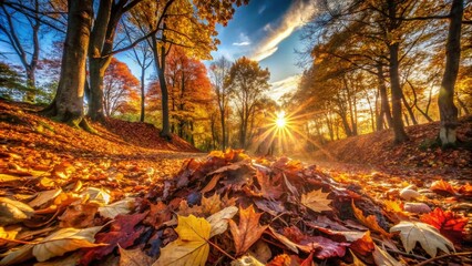 Panoramic View of a Colorful Pile of Dry Leaves and Twigs on the Ground Surrounded by Autumn Scenery, Perfect for Nature and Seasonal Backgrounds in Stock Photography