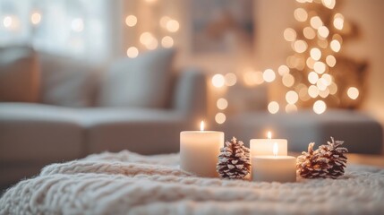 Cozy living room with glowing candles and festive decorations creating a warm atmosphere during the holiday season