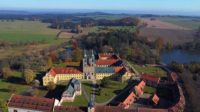 Aerial drone view - video of monastery Tepla near Marianske Lazne (Marienbad) - Czech Republic, Europe