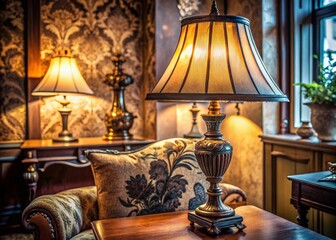 Panoramic View of an Antique Black and White Lamp Illuminating a Vintage Room, Capturing the Charm of Nostalgia and Timeless Elegance in a Classic Home Setting