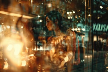 Fototapeta premium A woman looking at products displayed in a storefront, possibly considering purchasing something