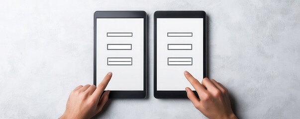 Two tablets display similar interface layouts, with fingers interacting, suggesting a comparative analysis or digital form filling.