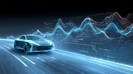 Futuristic sedan on a digital road at night.