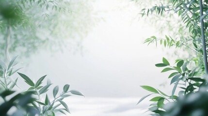 A tranquil pathway lined with greenery guides the way through a misty forest in the early morning light
