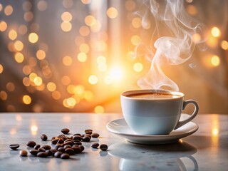 Obraz premium Panoramic View of Coffee with Bubbles on a White Table, Capturing the Rich Aroma and Texture of a Fresh Brew in a Serene Setting Perfect for Relaxation and Enjoyment