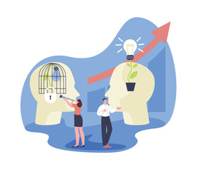 Fixed vs growth mindset. Human heads with ideas and cage, conservative and creative mind. Different psychological types, kicky vector scene