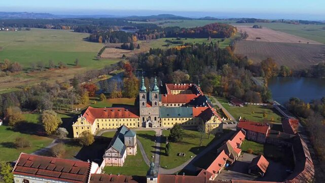 Aerial drone view - video of monastery Tepla near Marianske Lazne (Marienbad) - Czech Republic, Europe