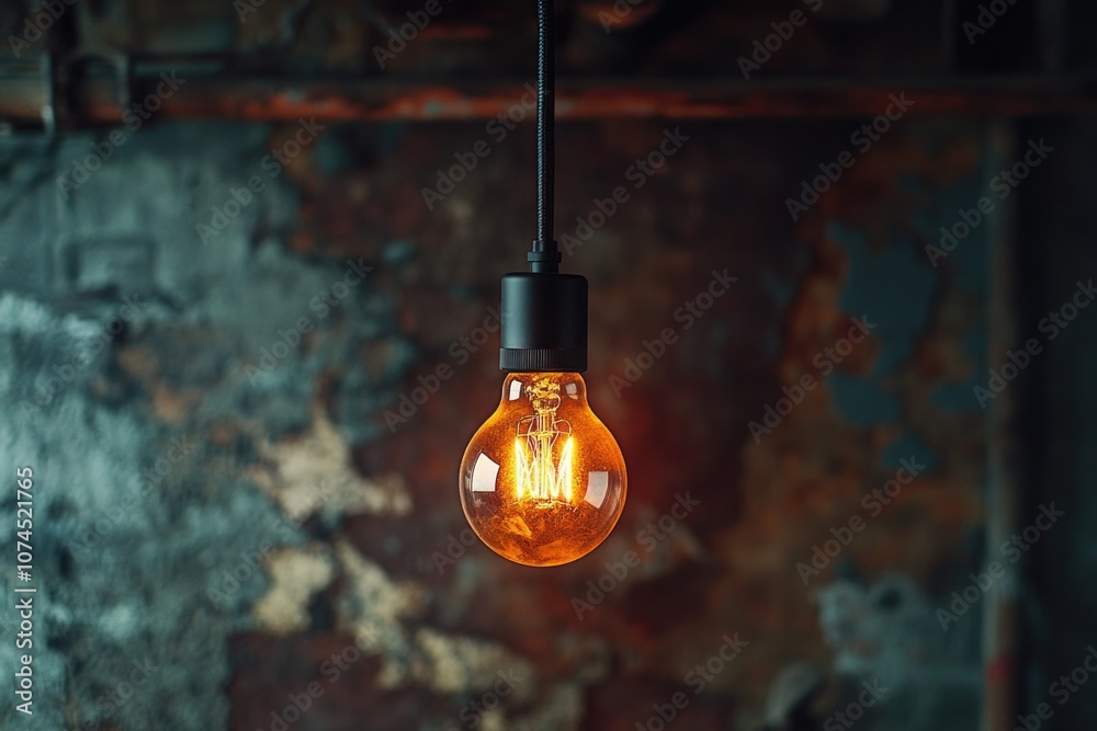 Poster a single light bulb hangs from the ceiling in a modern room