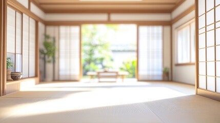 Obraz premium A serene and spacious Japanese-style room with natural lighting and a view of a lush garden, inviting tranquility and calmness