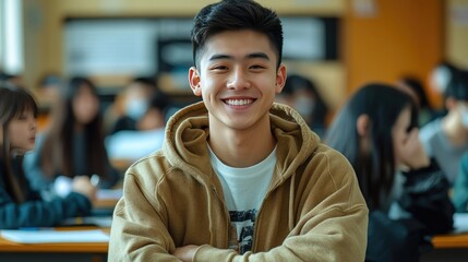 Fototapeta premium A smiling Asian young man in a classroom. This photo depicts a happy and confident student, perfect for educational themes.