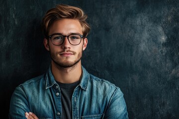 A person dressed in casual wear, including glasses and a denim jacket