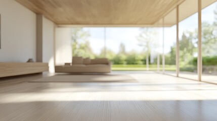 Bright and airy modern living room interior with large windows overlooking a green outdoor space in the afternoon light
