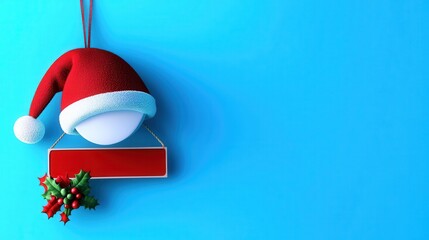 A festive Christmas decoration featuring a Santa hat on a blue background.