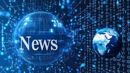Digital news globe with data streams.