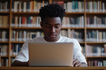 Student studying in library, focused on laptop, bookshelves in background