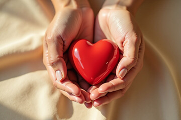 Obraz premium Pair of hands cradling red heart scene, hands-tender and background-beige